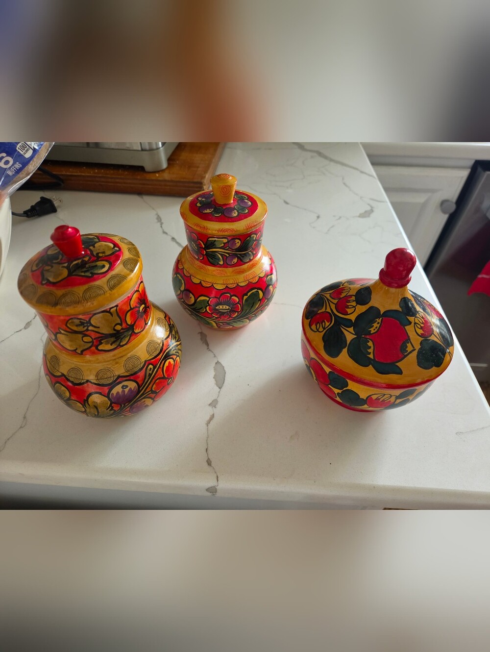 Source Unknown Hand-Painted Russian Nesting Jars in Yellow and Red